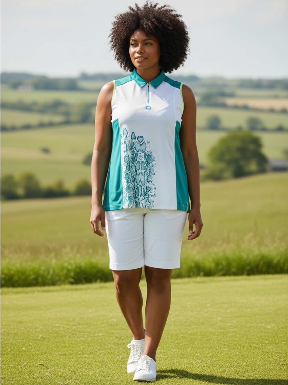 Women’s Active Sport Teal/White/Animal Print Sleeveless Golf Polo Top-Size 1X